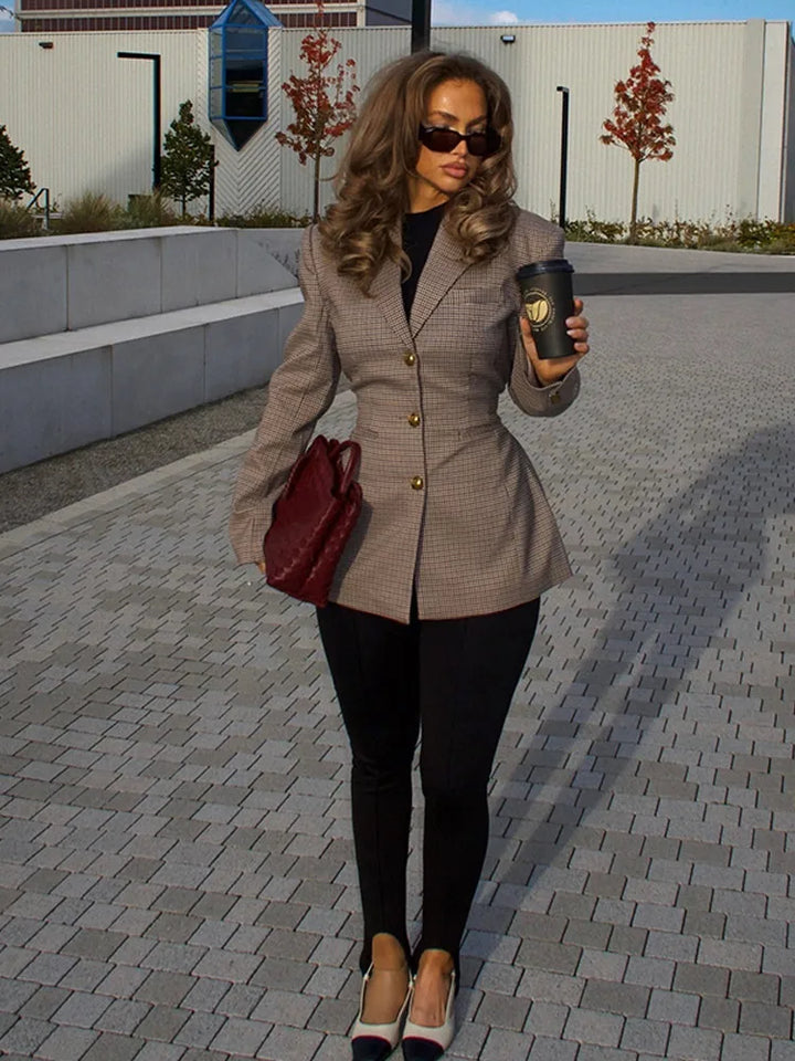 Solveira Women’s Fitted Checked Blazer with Single-Button Closure and Tailored Slim Fit