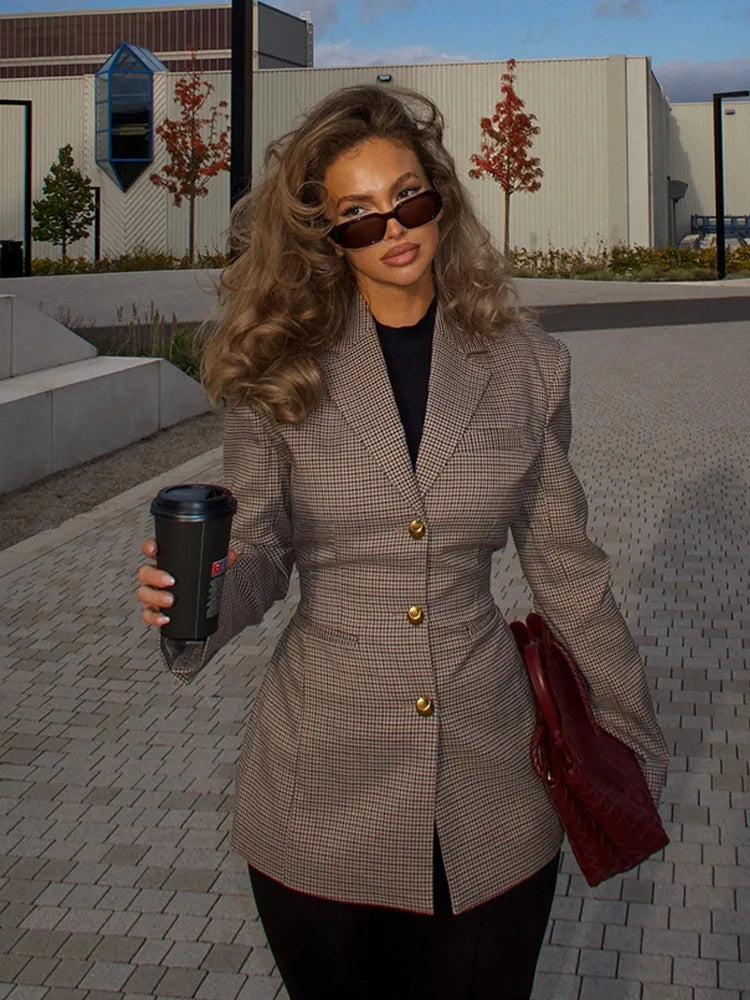 Solveira Women’s Fitted Checked Blazer with Single-Button Closure and Tailored Slim Fit