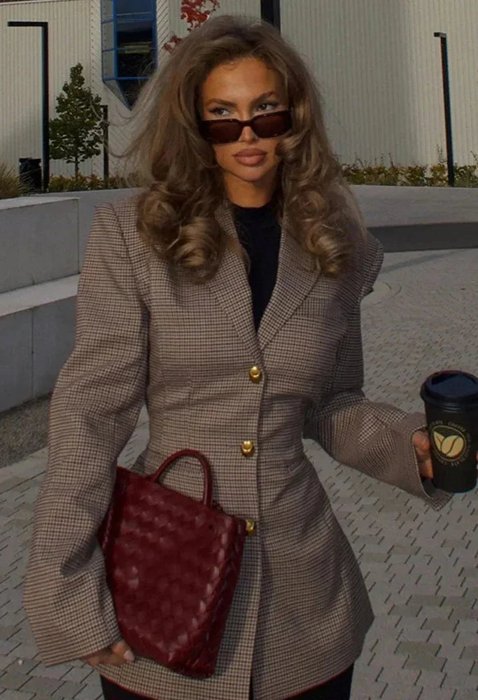 Solveira Women’s Fitted Checked Blazer with Single-Button Closure and Tailored Slim Fit