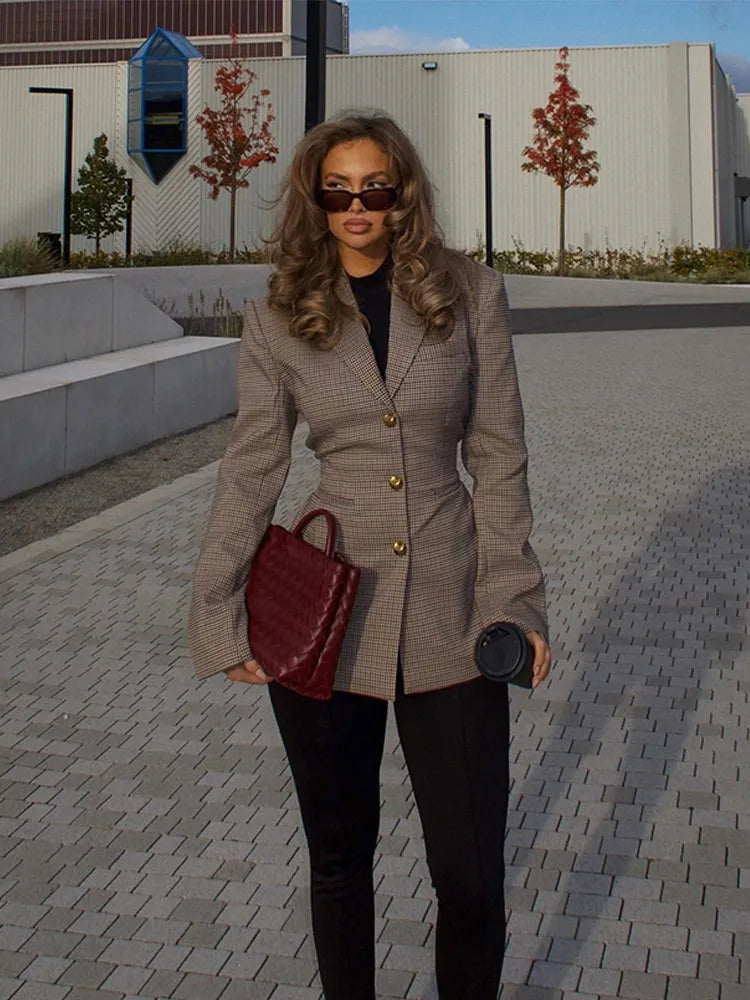 Solveira Women’s Fitted Checked Blazer with Single-Button Closure and Tailored Slim Fit