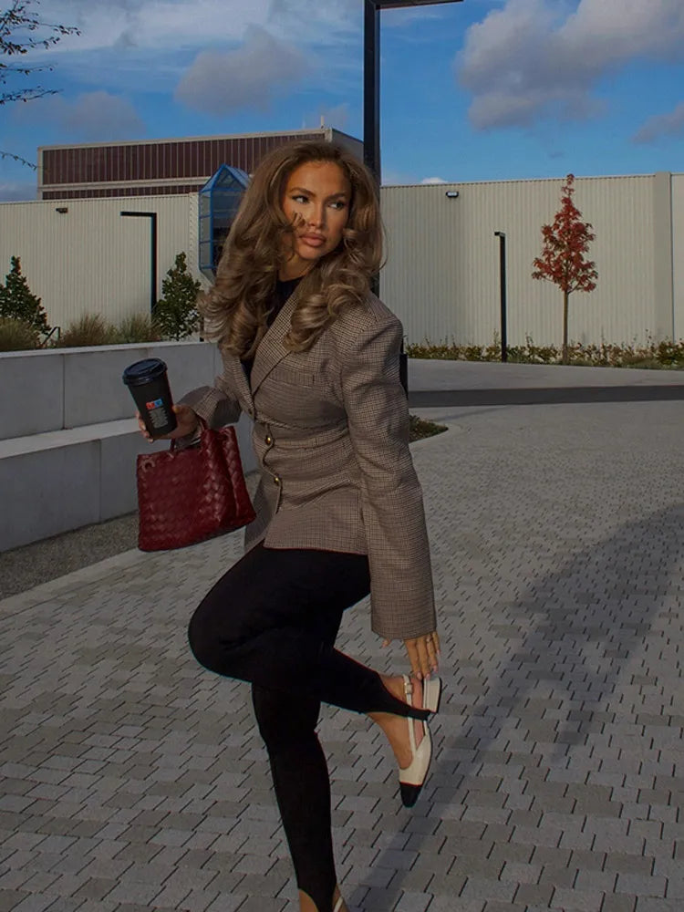 Solveira Women’s Fitted Checked Blazer with Single-Button Closure and Tailored Slim Fit