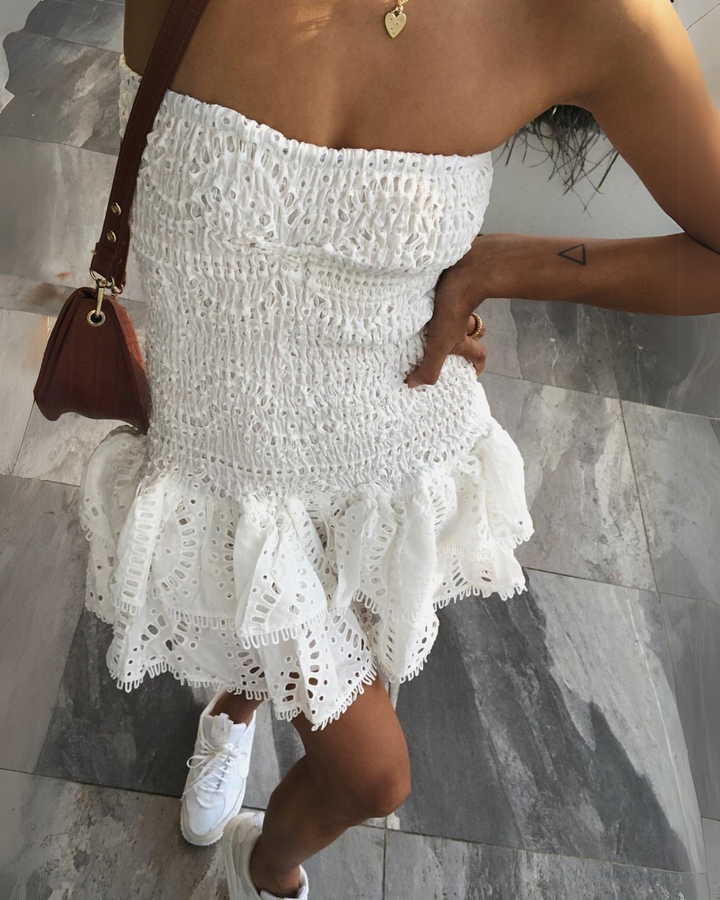 Erin | Ruffled Strapless Eyelet Dress